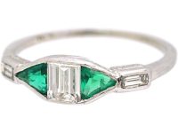 Art Deco Platinum Rectangular Cut Diamond & Triangular Cut Diamond Three Stone Ring