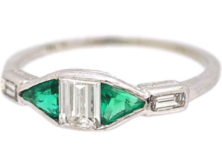 Art Deco Platinum Rectangular Cut Diamond & Triangular Cut Diamond Three Stone Ring
