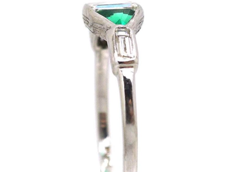 Art Deco Platinum Rectangular Cut Diamond & Triangular Cut Diamond Three Stone Ring