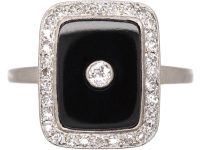 Art Deco 18ct Gold & Platinum, Onyx & Diamond Rectangular Ring