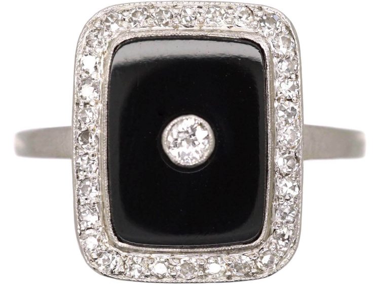 Art Deco 18ct Gold & Platinum, Onyx & Diamond Rectangular Ring