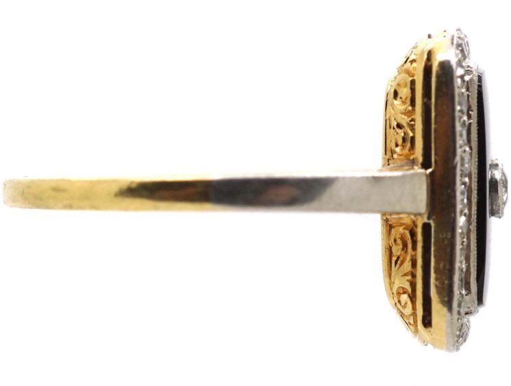 Art Deco 18ct Gold & Platinum, Onyx & Diamond Rectangular Ring