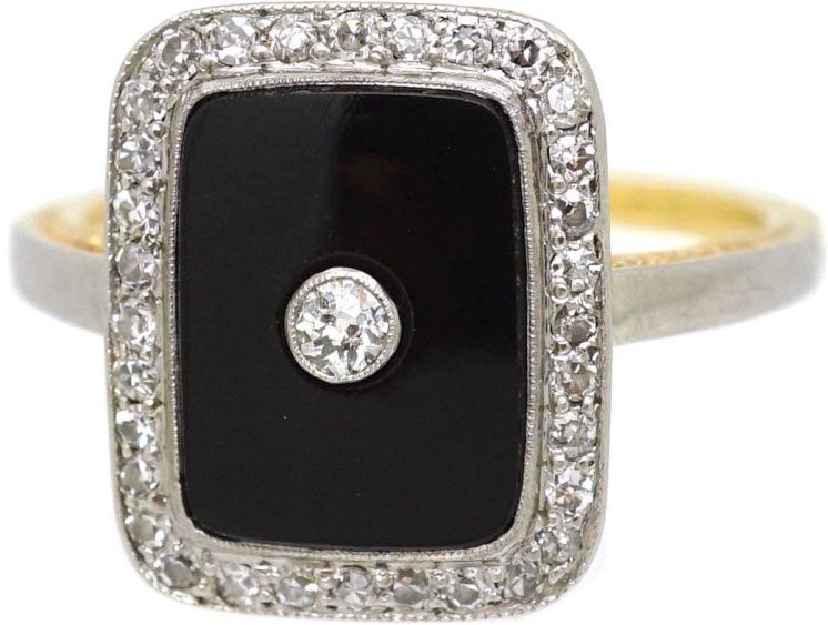 Art Deco 18ct Gold & Platinum, Onyx & Diamond Rectangular Ring