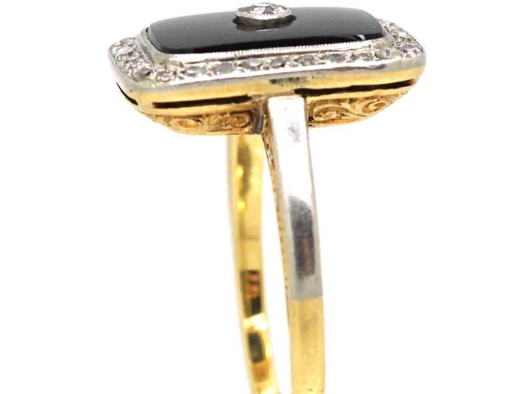 Art Deco 18ct Gold & Platinum, Onyx & Diamond Rectangular Ring