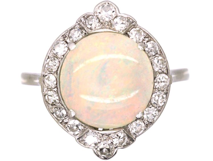 Art Deco Platinum Cluster Ring set with an Opal & Diamonds