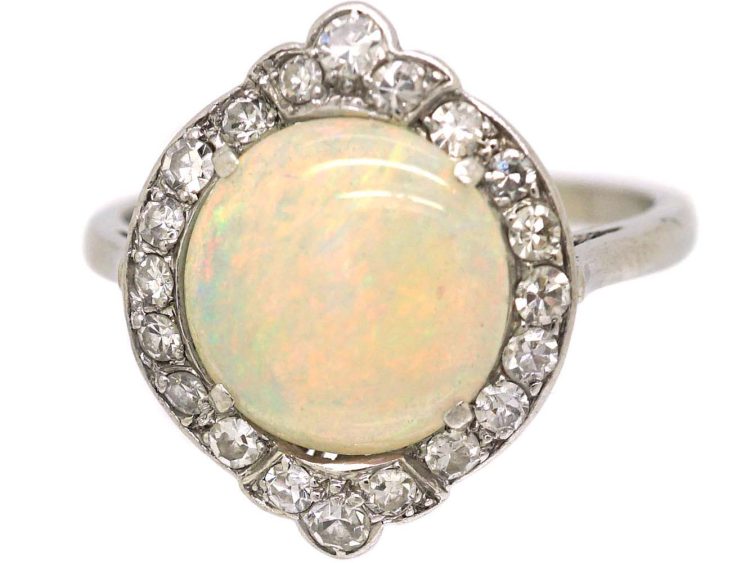 Art Deco Platinum Cluster Ring set with an Opal & Diamonds