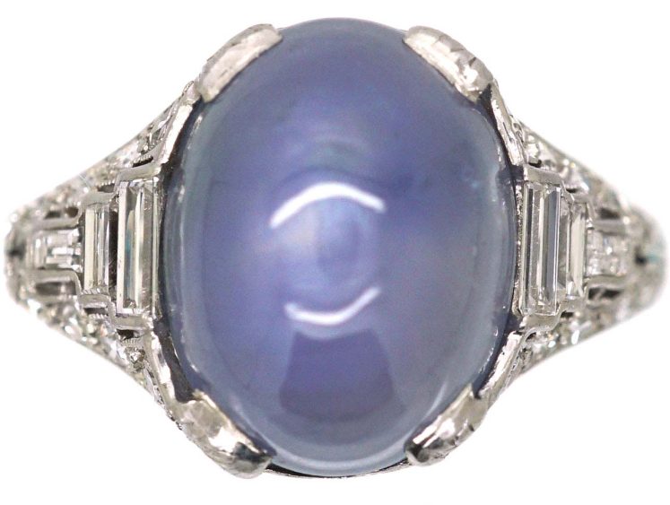 Art Deco Platinum Ring set with a Cabochon Sapphire & Diamonds