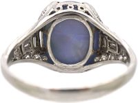 Art Deco Platinum Ring set with a Cabochon Sapphire & Diamonds