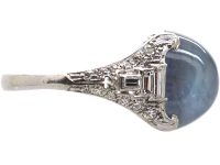 Art Deco Platinum Ring set with a Cabochon Sapphire & Diamonds