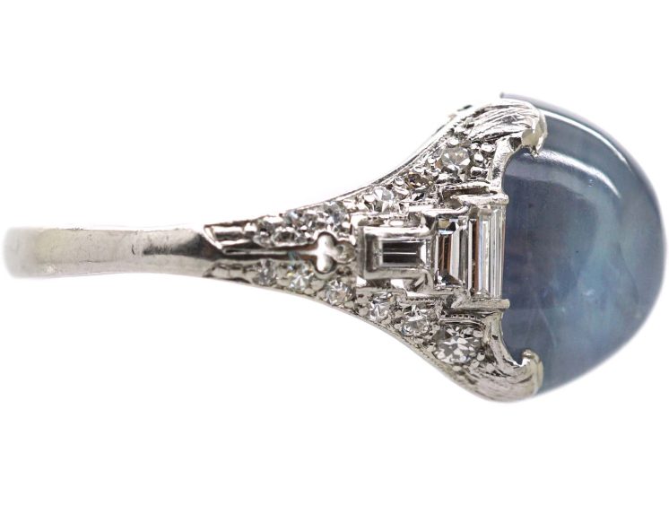Art Deco Platinum Ring set with a Cabochon Sapphire & Diamonds