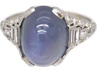 Art Deco Platinum Ring set with a Cabochon Sapphire & Diamonds
