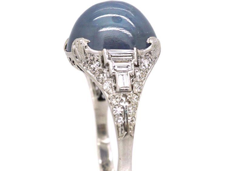 Art Deco Platinum Ring set with a Cabochon Sapphire & Diamonds