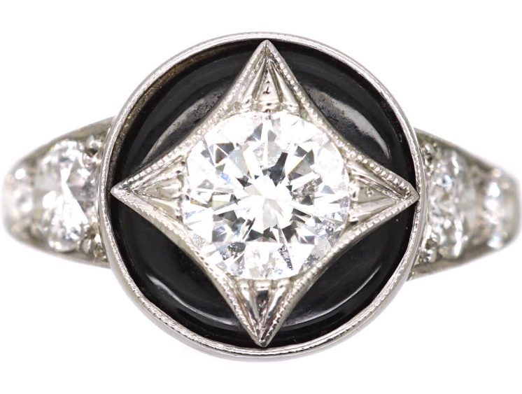 Art Deco 18ct White Gold, Onyx & Diamond Ring