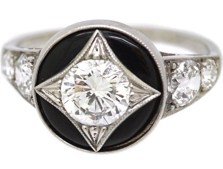 Art Deco 18ct White Gold, Onyx & Diamond Ring