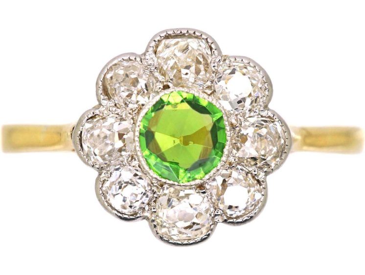 Edwardian 18ct Gold & Platinum Cluster Ring set with a Green Garnet & Diamonds