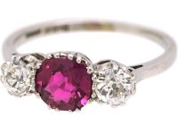 Edwardian 18ct Gold & Platinum Three Stone Ruby & Diamond Ring