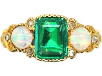 Early Victorian 15ct Gold Ring set with an Emerald & Opals with Rose Diamonds