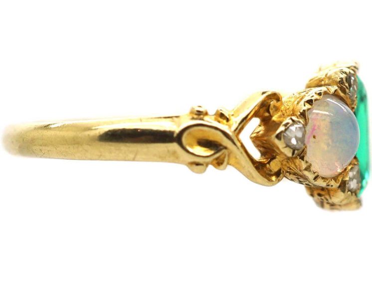 Early Victorian 15ct Gold Ring set with an Emerald & Opals with Rose Diamonds