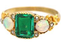Early Victorian 15ct Gold Ring set with an Emerald & Opals with Rose Diamonds