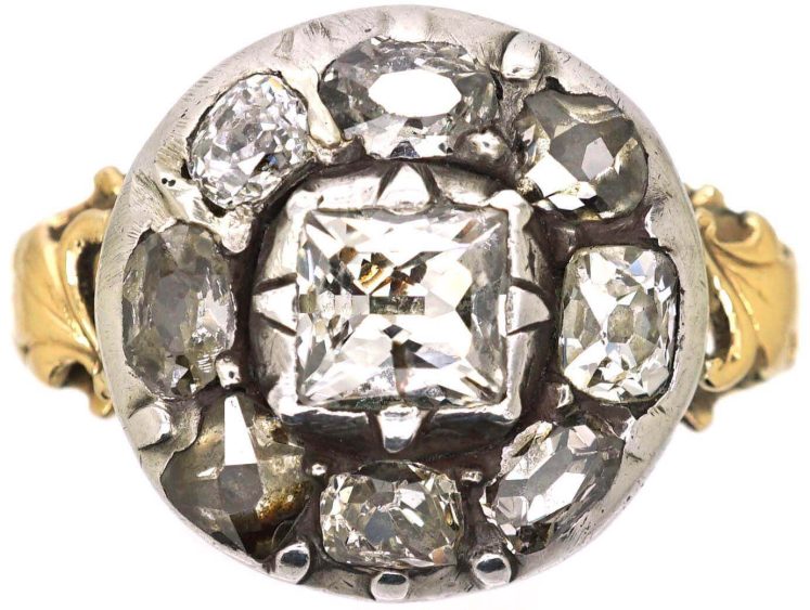 Georgian 15ct Gold & Silver Old Mine Cut Diamond Cluster Ring