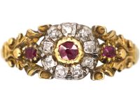 Georgian 15ct Gold & Silver Cluster Ring set with Rubies & Old Mine Cut Diamonds