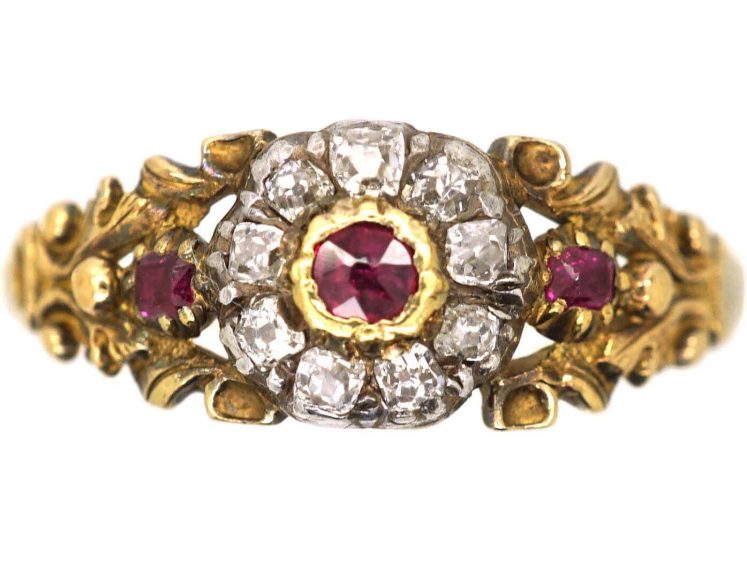 Georgian 15ct Gold & Silver Cluster Ring set with Rubies & Old Mine Cut Diamonds