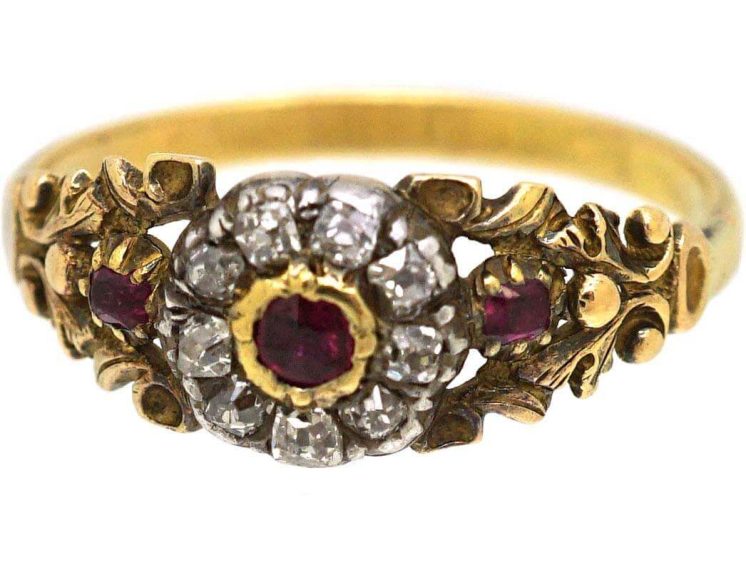 Georgian 15ct Gold & Silver Cluster Ring set with Rubies & Old Mine Cut Diamonds
