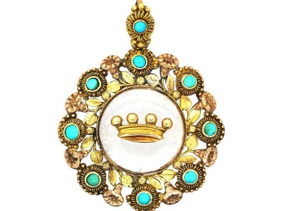Georgian Three Colour Gold Round Pendant set with Turquoise
