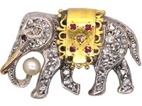 French Early 20th Century 18ct Gold Brooch of an Elephant set with Rose Diamonds, Rubies & a Natural Pearl