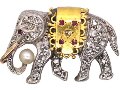 French Early 20th Century 18ct Gold Brooch of an Elephant set with Rose Diamonds, Rubies & a Natural Pearl