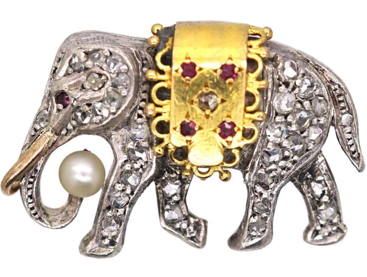 French Early 20th Century 18ct Gold Brooch of an Elephant set with Rose Diamonds, Rubies & a Natural Pearl
