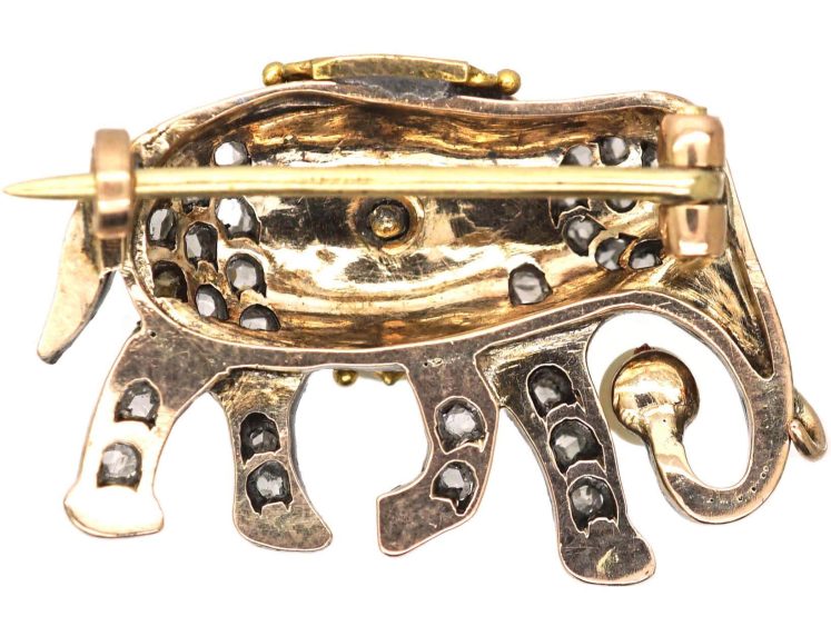 French Early 20th Century 18ct Gold Brooch of an Elephant set with Rose Diamonds, Rubies & a Natural Pearl