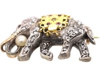 French Early 20th Century 18ct Gold Brooch of an Elephant set with Rose Diamonds, Rubies & a Natural Pearl