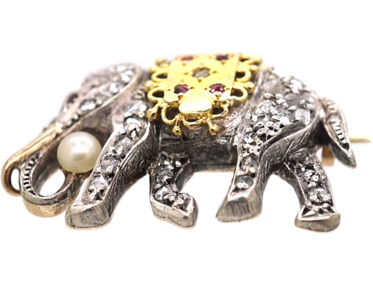 French Early 20th Century 18ct Gold Brooch of an Elephant set with Rose Diamonds, Rubies & a Natural Pearl