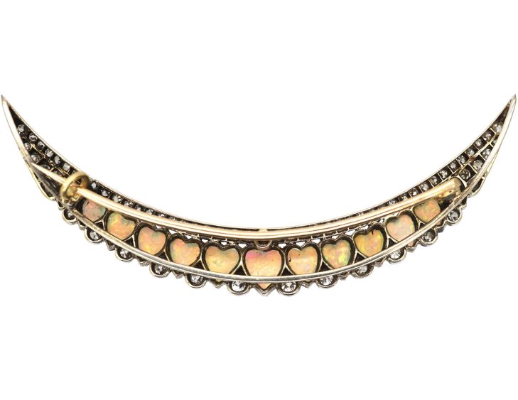 Victorian Large 15ct Gold & Silver Crescent Brooch set with Heart Shaped Opals & Diamonds
