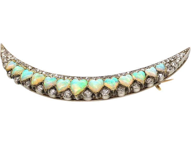 Victorian Large 15ct Gold & Silver Crescent Brooch set with Heart Shaped Opals & Diamonds