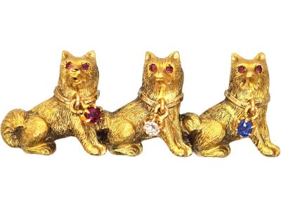Edwardian 18ct Gold Triple Cat Brooch with Ruby, Diamond & Sapphire Collars