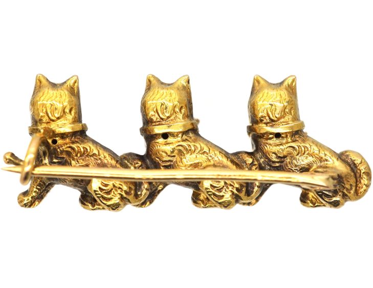 Edwardian 18ct Gold Triple Cat Brooch with Ruby, Diamond & Sapphire Collars