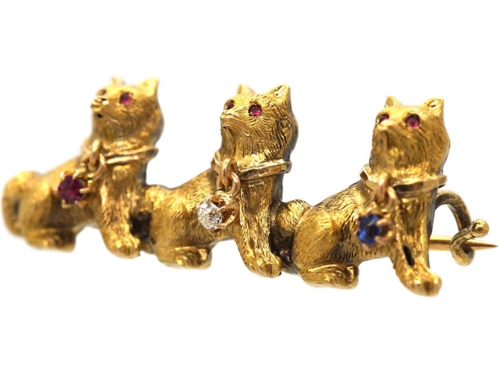 Edwardian 18ct Gold Triple Cat Brooch with Ruby, Diamond & Sapphire Collars