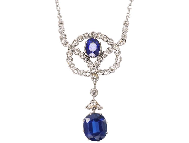 Art Deco Platinum Lover's Knot Necklace set with Sapphires & Rose Diamonds