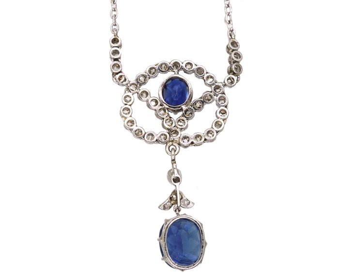Art Deco Platinum Lover's Knot Necklace set with Sapphires & Rose Diamonds