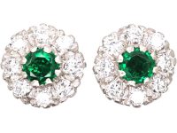 Mid 20th Century 18ct White Gold Emerald & Diamond Cluster Earrings