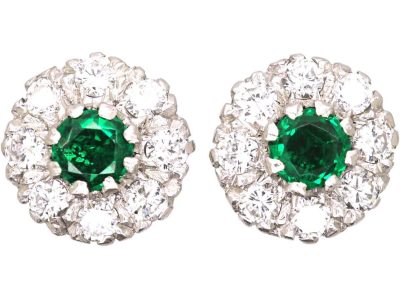 Mid 20th Century 18ct White Gold Emerald & Diamond Cluster Earrings