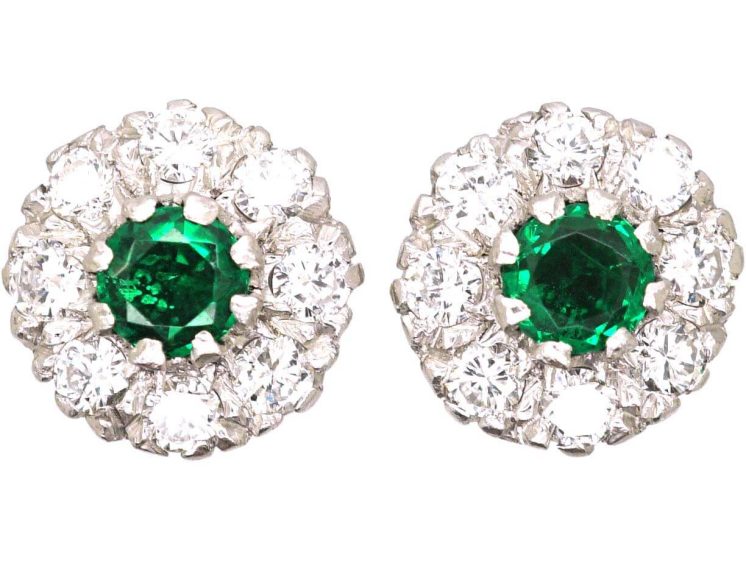 Mid 20th Century 18ct White Gold Emerald & Diamond Cluster Earrings
