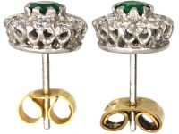 Mid 20th Century 18ct White Gold Emerald & Diamond Cluster Earrings