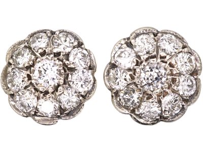 Mid 20th Century 18ct Gold & Silver Diamond Flower Cluster Earrings