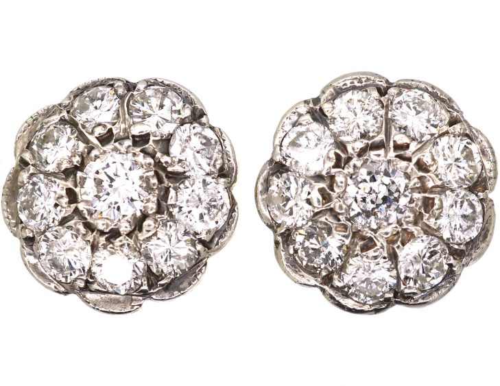 Mid 20th Century 18ct Gold & Silver Diamond Flower Cluster Earrings