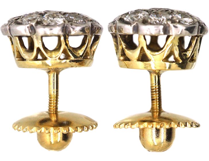 Mid 20th Century 18ct Gold & Silver Diamond Flower Cluster Earrings