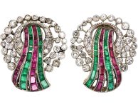 Art Deco Platinum, Diamond, Ruby & Emerald Earrings