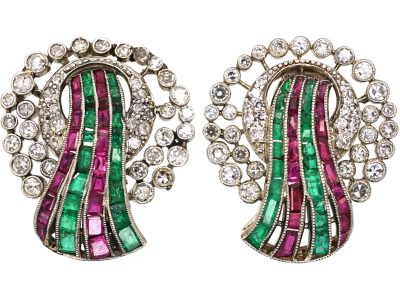 Art Deco Platinum, Diamond, Ruby & Emerald Earrings